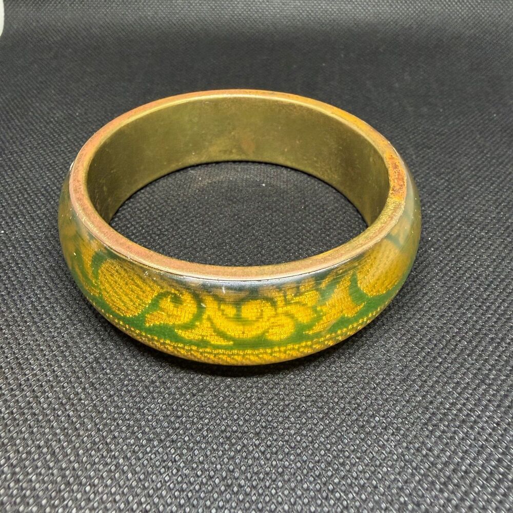 Brass Lucite Bangle Bracelet Green Gold Paisley Fabric Tapestry Inlay Boho Vtg